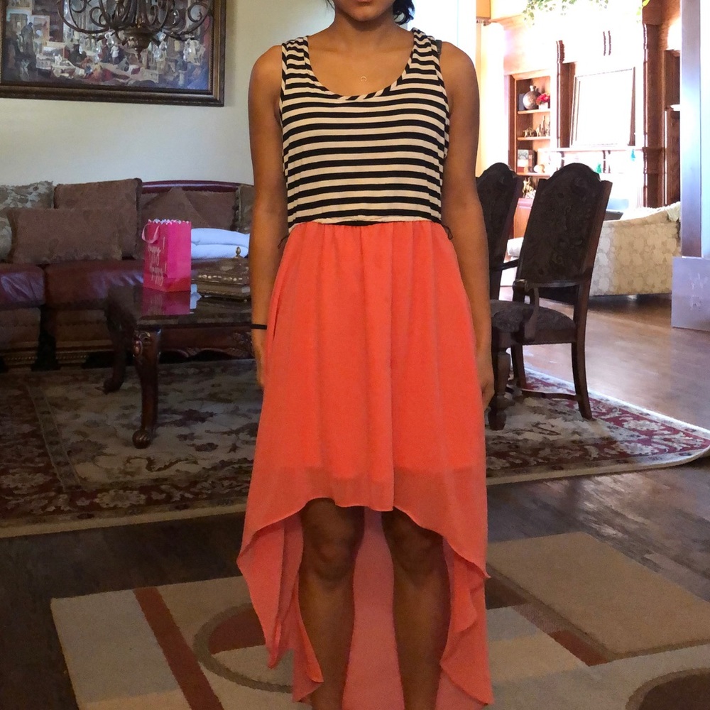Striped and Coral High-Low Dress
